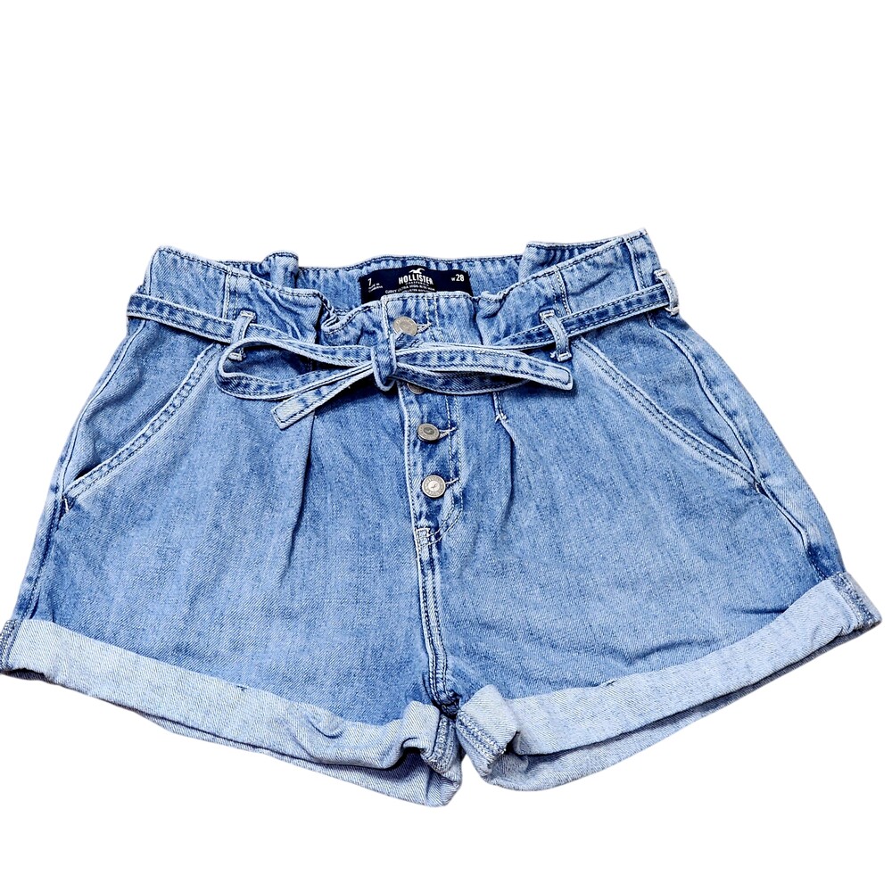 Hollister Denim Shorts Juniors 7 Blue Curvy Ultra High Rise Mom Belted Cuffed